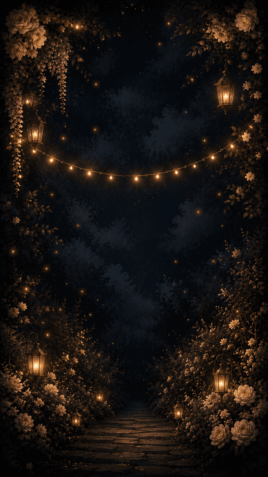 Lantern-lit enchanted night garden with flowers, fireflies, and a curved string of warm lights